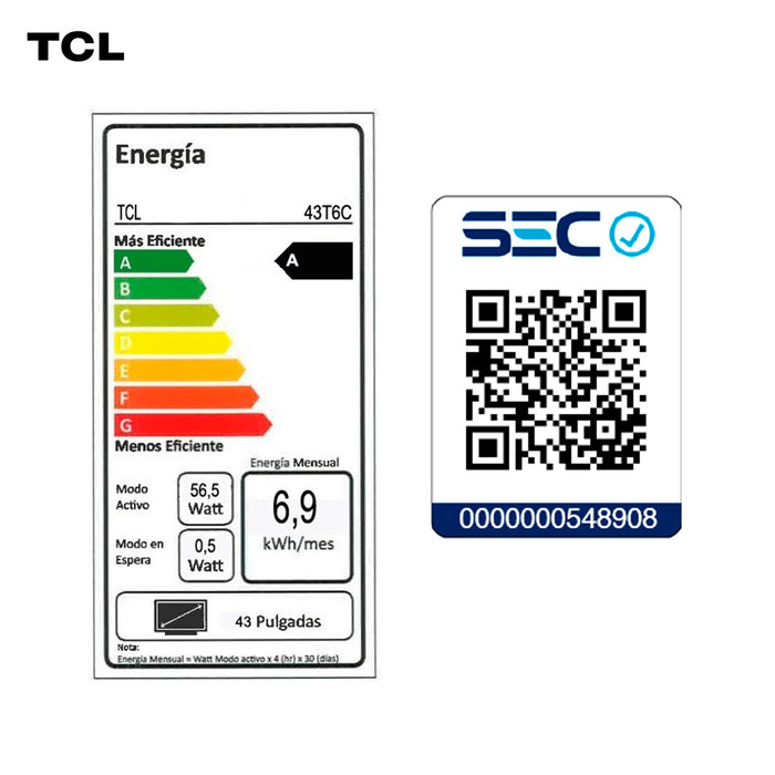 Smart TV 43" TCL 4K UHD QLED 43T6C