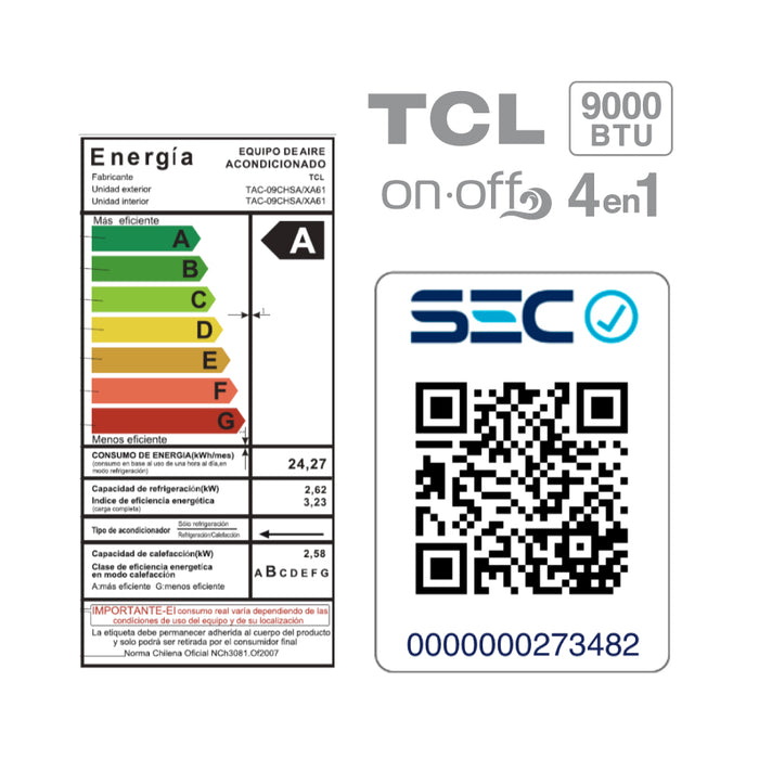 Aire Acondicionado Frio-Calor Split TCL 9000 BTU 4en1