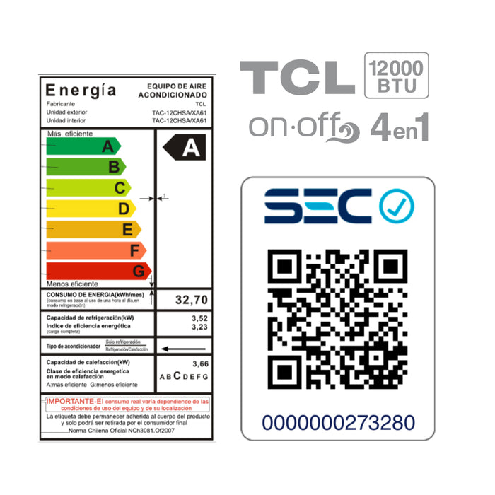 Aire Acondicionado Frio-Calor Split TCL 12000 BTU 4en1